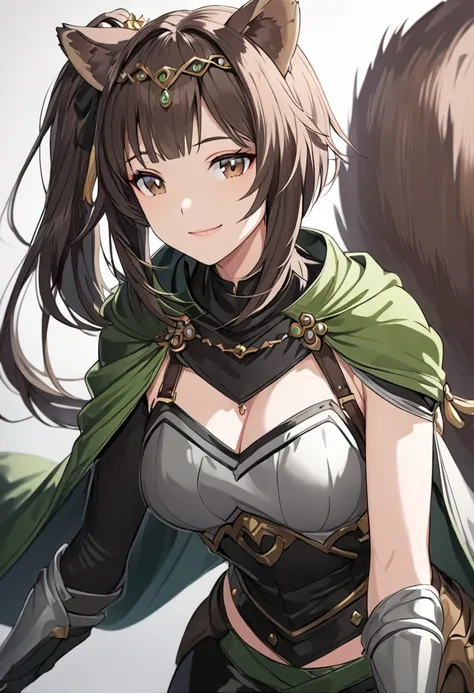 anime style, Masterpiece, best quality, Woman, pretty face, brown eyes,right side ponytail hair, hair bangs, brown hair hair, racoon ears, grey clothes, black stripes on metallic part, green cape, leather armor, medium breast, black pants, racoon tails, sm...