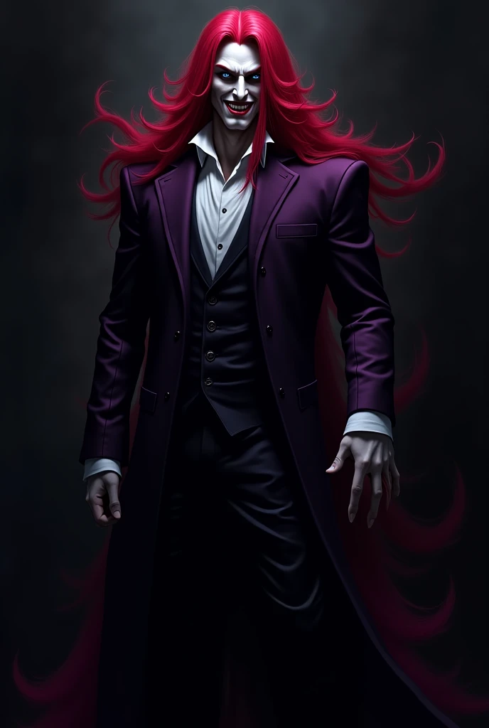 create a vampire, man, red-haired, Wearing purple overcoat,  long wavy hair, perverse smile bright white eyes 