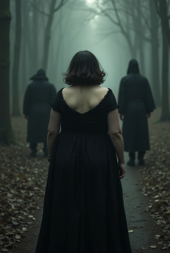  Gothic-style image of a fat woman , Short hair on shoulders, wavy and dark brown .  You can't see her face because she is on her back ,  in a flowing black dress ,  lost at a dark crossroads in the forest .  On every path of the crossroads there is a man ...