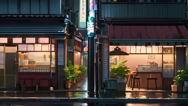  Generate an image of a deserted street at night with a Lofi Aesthetic coffee shop, highlighting the illuminated sign and light poles in the background , Makoto Shinkai&#39; conceptual art, tumblr,  magical realism , beautiful anime scenes, cloudy sky. by ...