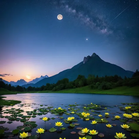 At night, Only the moonlight shines, Distorted Moon,   mountains in the distance々 , A beautiful large lotus flower is nearby , Big red lotus flower, Water flowing nearby, Frog, A joyous summer, Distorted Moon in the sky mixed with stars,  Amazing Wallpaper...