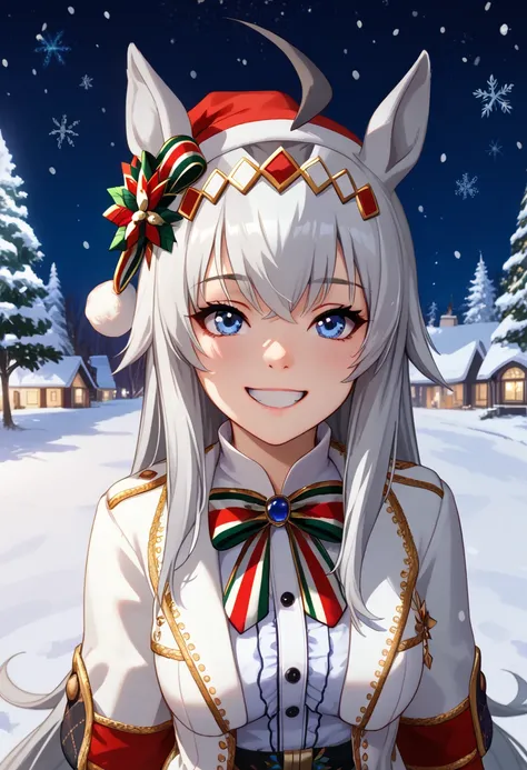 score_9, score_8_up, score_7_up, BREAK, best quality, masterpiece, very aesthetic, ultra detailed,very detailed background,BREAK,,zPDXL3,oguri,oguri_xmas, long hair, horse ears, grey hair, ahoge, horse tail, blue eyes,,multicolored hair,winter,snow,night,f...