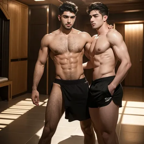 (Two masculine men in empty public hammam), ((one is medium height handsome 20 year old Pakistani man with cute face, standing in front, shocked expression, tight booty shorts,), (another one is tall handsome 30 years old horney Turkish man, firmly grabbin...