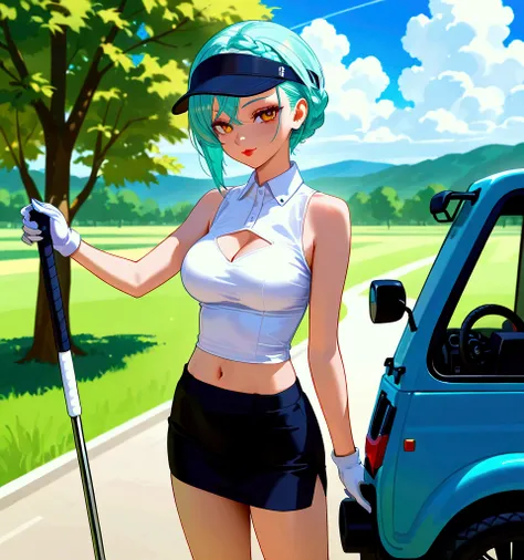 back_shot, 1girl, (best quality), 8k, masterpiece, aqua hair, short hair, braided bangs hairstyle, calm, naughty_face, BREAK, orange_eyes, red eyeshadow, red lips, medium breasts, 1girl arm_up bare_legs bare_shoulders black_hat black_skirt blue_sky breasts...