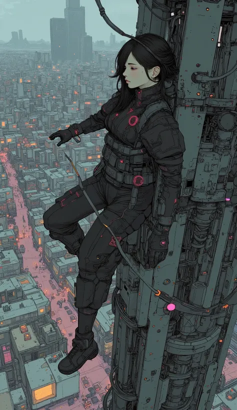 Futuristic archer woman climbs tower、 Over-Technology Bow Equipped with Explosive Arrowheads,  Aim from a high point of view of the city, dramatic,  photorealistic ,  very detailed,  cinematic lighting,  Complex Machines  ,  advanced technology  , Glowing ...