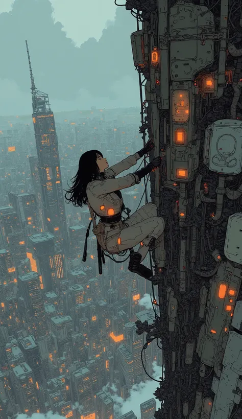 Futuristic archer woman climbs tower、 Over-Technology Bow Equipped with Explosive Arrowheads,  Aim from a high point of view of the city, dramatic,  photorealistic ,  very detailed,  cinematic lighting,  Complex Machines  ,  advanced technology  , Glowing ...