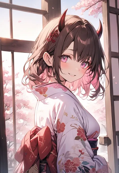 Alone， medium hair，Dark brown hair， Pink Highlights at the Tip，woman， Light Pink Eyes ，smile, demon horns， kimono，morning