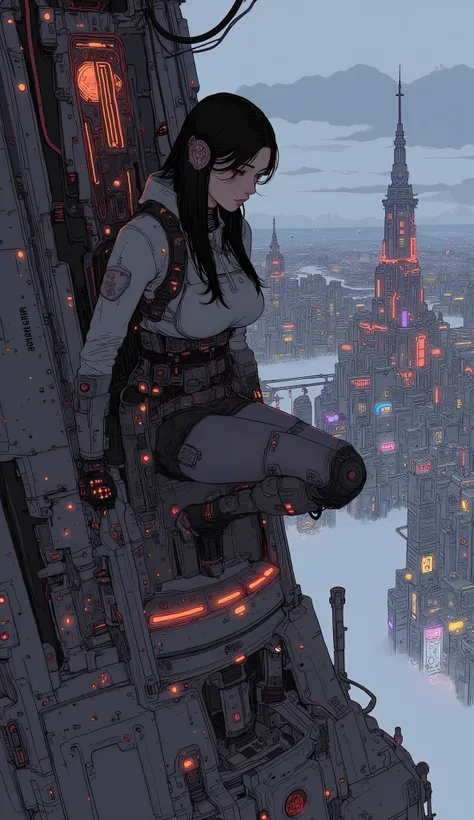 Futuristic archer woman climbs tower、 Over-Technology Bow Equipped with Explosive Arrowheads,  Aim from a high point of view of the city, dramatic,  photorealistic ,  very detailed,  cinematic lighting,  Complex Machines  ,  advanced technology  , Glowing ...