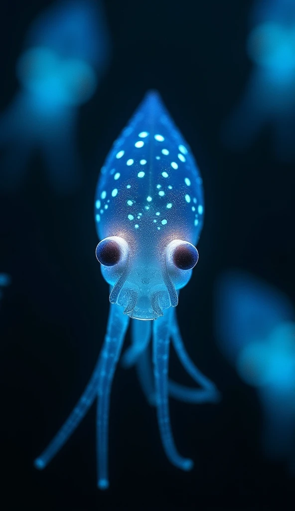 A close-up of a Firefly Squid, its tiny body glowing with bright blue spots. Surrounding it are dark waters, with other glowing squids faintly visible in the distance, creating a sense of communication.