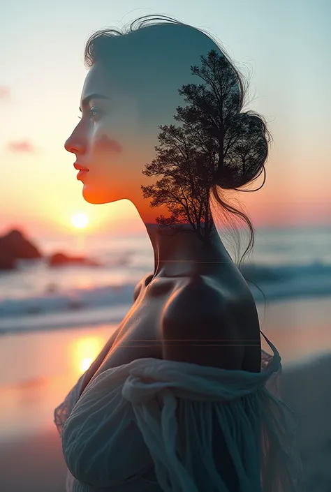  high quality, 8K ultra HD, Una hermosa  double exposure que combina una silueta de diosa con la costa al atardecer,  the coast at dusk should serve as a backdrop,  with its details incorporated in the goddess, sharp lines, The background is monochrome,  s...