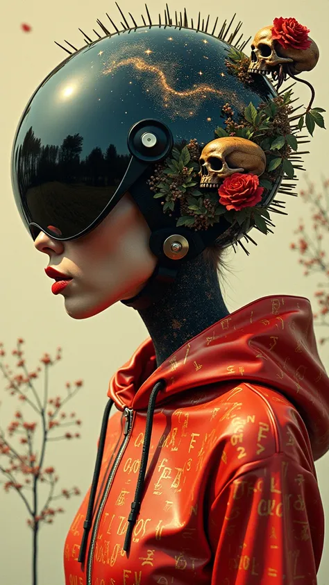 Portrait of a A serene forest Surreal multiple exposure, sparkling red latex bodysuit, white go-go boots, giant beetle black glasses over spiky motorcycle helmet, Create an artistic portrait of a figure wearing a textured hoodie, with letters in bold relie...