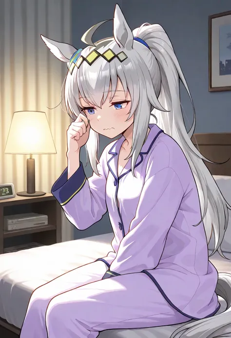 score_9, score_8_up, score_7_up, BREAK, best quality, masterpiece, very aesthetic, ultra detailed,very detailed background,BREAK,,zPDXL3,oguri, long hair, horse ears, grey hair, ahoge, horse tail, blue eyes,,multicolored hair,pajamas,sleepy,half-closed eye...