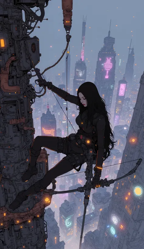 Futuristic archer woman climbs tower、 Over-Technology Bow Equipped with Explosive Arrowheads,  Aim from a high point of view of the city, dramatic,  photorealistic ,  very detailed,  cinematic lighting,  Complex Machines  ,  advanced technology  , Glowing ...