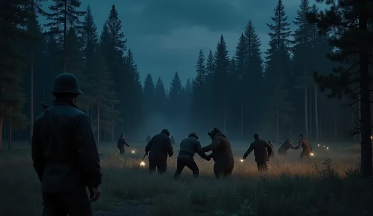 Intense action in a forest clearing at night. Elias, rifle in hand, watches as the bears attack the hunters. Bear is fighting a hunter, his sharp claws cutting through the air. Nino is disarming another hunter. The hunters are taken by surprise and try to ...