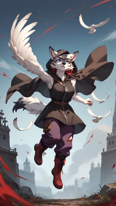 Medieval fantasy

Anthropomorphic female wolf, Black hooded cloak with holes for ears, Brown Leather tunic, zipper, sleeveless, Red boots, Dark purple pants, Black fur, Red dye on ears and around the eyes, Three white stripes on nose, Blue eyes, Large brea...