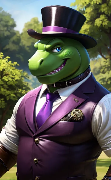 Solo, Male, close up, fat, musclegut, obese, steampunk, 1920s gentleman, dapper Barney Dinosaur, tilting head down, blue eyes, wearing a big leather collar around his neck, (soft shading), 4k, hi res, ((detailed face, detailed)), looking at viewer, evil gr...