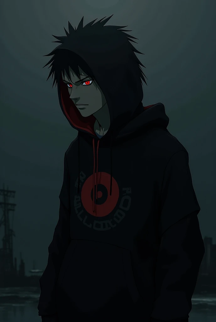 CREATE THE DEATH OF THE ANIME NARUTO WEARING A HOODIE AND A BLACK SWEATSHIRT WITH THE RELLS RECORDS PRINT