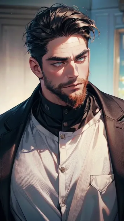 (     borrowed letter ,4K,8k,     highres,     masterpiece :1.2),     ultra-detailed    ,(realistic,photorealistic,photo-realistic:1.37),36-year-old man,3 day beard,Beautiful anime,Portraits,strong,Masculine,      with black hair  ,sharp jaw,         mesme...