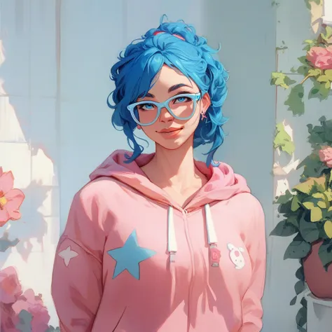  Cheerful woman with blue hair ,  big white glasses and blue eyes, standing up and wearing a pink hoodie