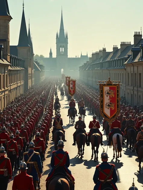 A military parade seen from above in the city of Caen with banners with two lions and some troops on horseback. High quality image type photography 