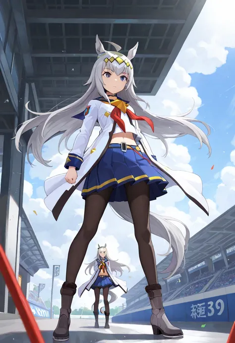 score_9, score_8_up, score_7_up, BREAK, best quality, masterpiece, very aesthetic, ultra detailed,very detailed background,BREAK,,zPDXL3,oguri, long hair, horse ears, grey hair, ahoge, horse tail, blue eyes,,multicolored hair,Oguri_race,sailor collar,white...