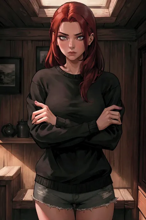  young woman , red-haired,  with crossed arms a serious feature, Of shorts and long black sweater , in a house in the forest 