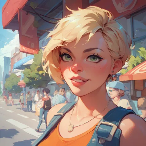 creates an image of a cheerful woman on the street. The image must contain several poses of the woman. The woman is blonde, with short hair and green eyes.