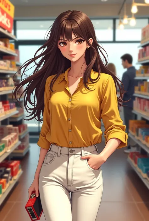  girl,  you brunette , yellow blouse white pants enter a store and steal a box of chocolates 