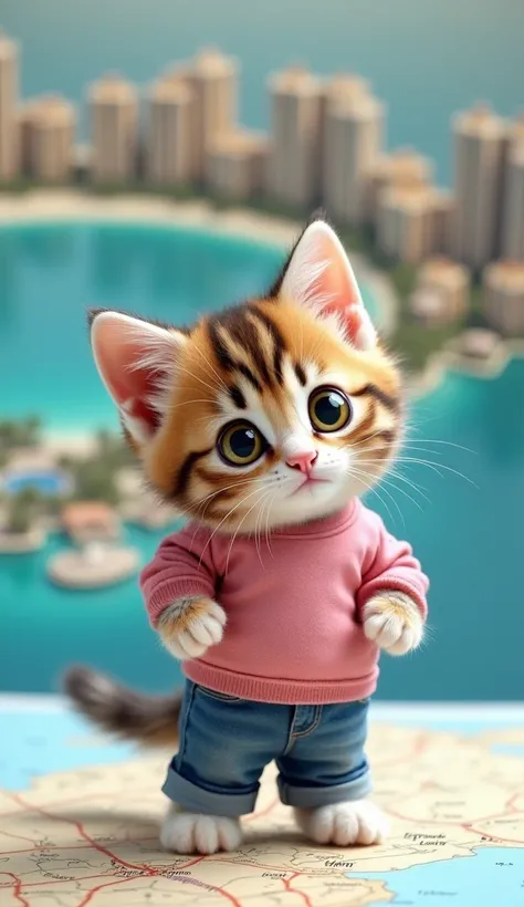  A small, fluffy PINK and white kitten WEARING OINK SHIRT AND BLUE JEANS with big, round eyes and a tiny pink nose “Exploring the Palm Jumeirah!”

A curious tabby kitten with large ears and bright golden eyes, standing on a map of the Palm Jumeirah, tiltin...