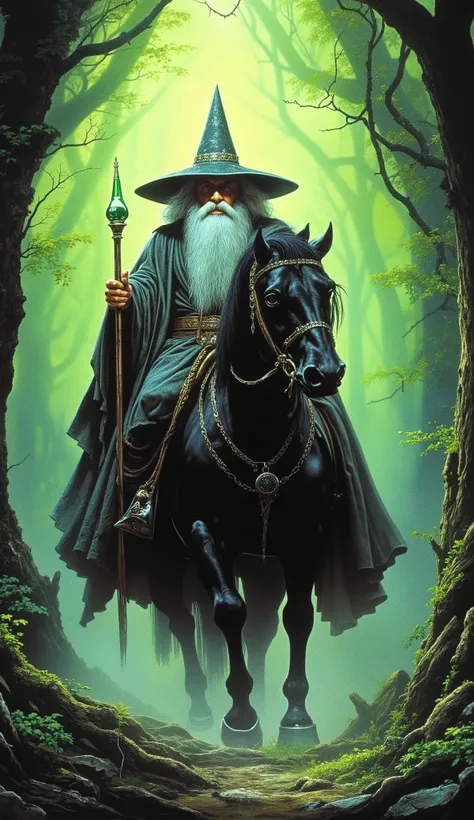 an old wizard with white hair and white beard on a black horse, he wears big grey tunic and a big point old grey hat, he is wielding Magic staff with a bright green emerald at its tip, green and dense forest environment
