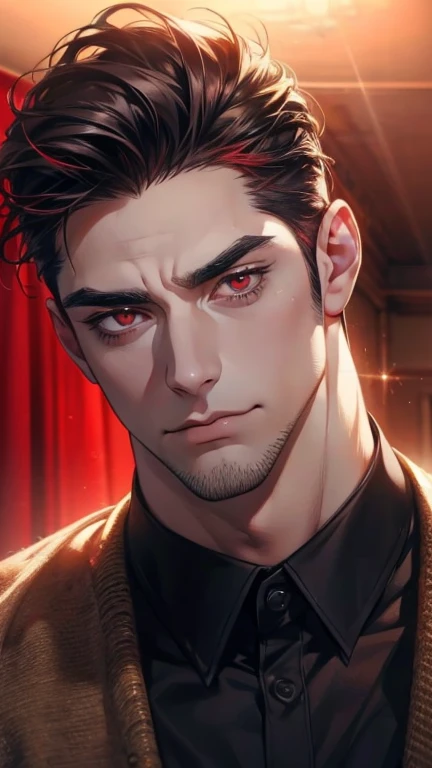 (   borrowed letter ,4K,8k,   highres,   masterpiece :1.2),   ultra-detailed  ,(realistic,photorealistic,photo-realistic:1.37),36-year-old man,3 day beard,Beautiful anime,Portraits,strong,Masculine,   with dark hair  ,sharp jaw,   mesmerizing red eyes   , ...