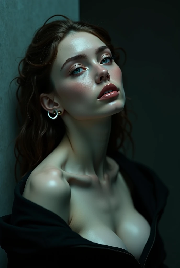  A cinematic portrait in dark chrome of a beautiful abstract woman in Vogue, ethereal style , awarded,  high resolution sweatshirt, 8K,  extremely detailed face and eyes ,  long eyelashes, Flawless skin, Hypnotic gaze, Hallucinogen ,  dramatic lighting ,  ...