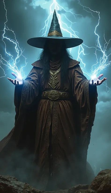 an enigmatic wizard, wearing a bown tunic, with a big mage black point black hat, are thunderlights in your hands