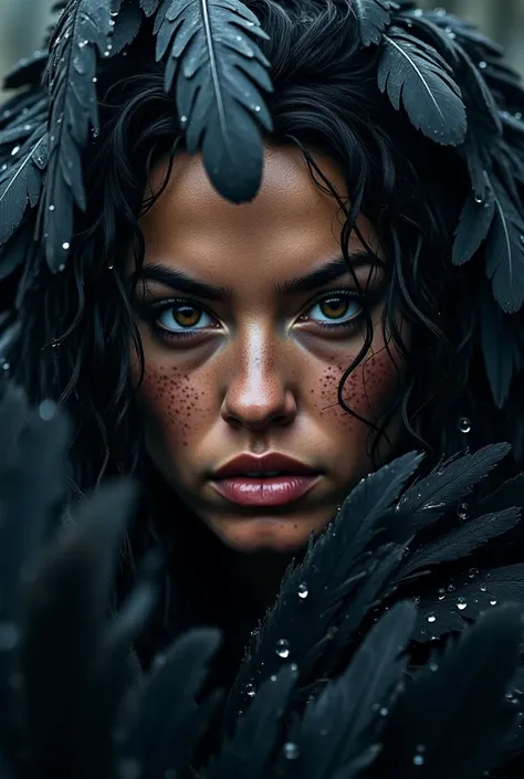 Imagine the realistic face of a Viking woman among raven feathers and raindrops