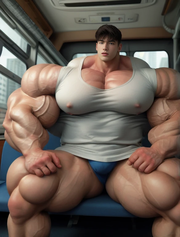 1boy, giant, asian, solo, giant bodybuilder, warm light, strong body, bulk, large size, seated on any bus seat by window and pole and ceiling, wear white sleeveless shirt with nipples bulge and blue triangular underwear with enormous bulge, extraordinary b...