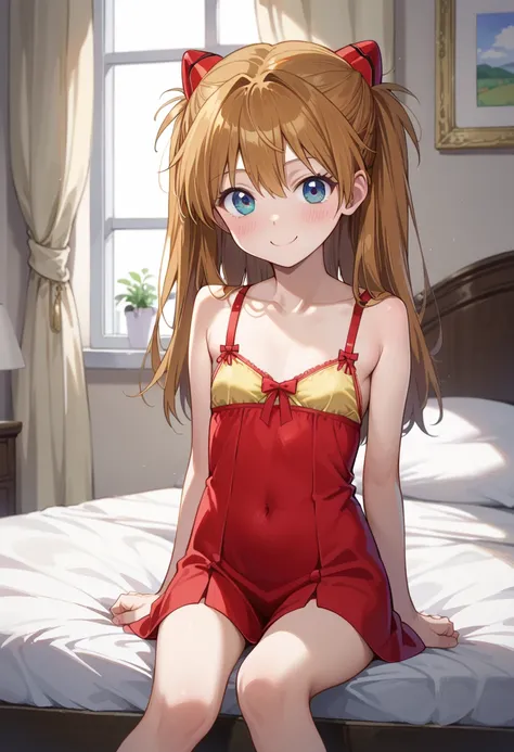 (( top quality)), (( Masterpiece)), (be familiar with),  perfect face,  indoor, bedroom,  watching viewers,
One woman,  Soryu Asuka Langley ,
開いた口,  ecstatic expression, blush, smile,
 small tits,  flat chest, Young girl,  lori,  s,  girl,
 long hair,  two...