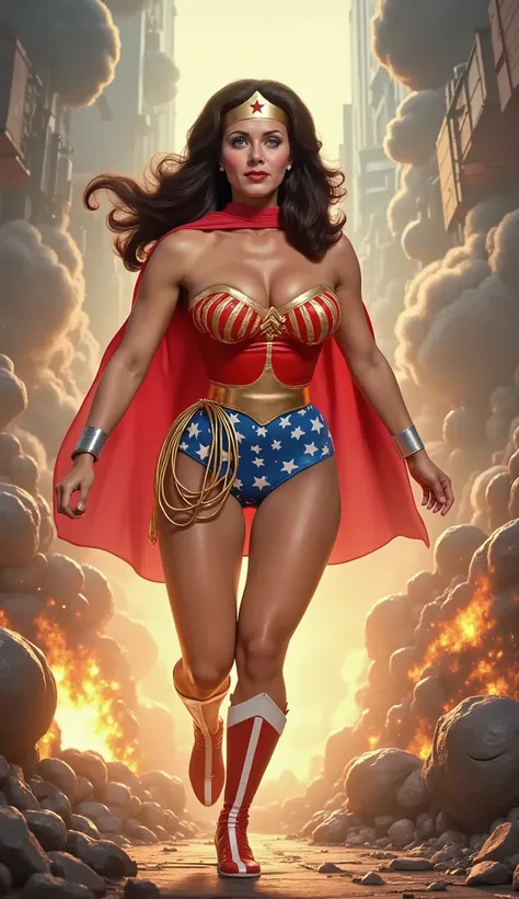 (HELPLESS PERIL SCENE) (COMIC BOOK STYLE) A SEXY LYNDA CARTER AS THE ICONIC 1960 WONDER WOMAN, WEARING A LATEX WONDER WOMAN COSTUME, LATEX PATRIOTIC BLUE SKIRT. A TRI-COLOR PATRIOTIC WONDER WOMAN CAPE. HER GOLDEN LASSO ATTACHED TO THE SIDE OF HER HIP. CRYS...