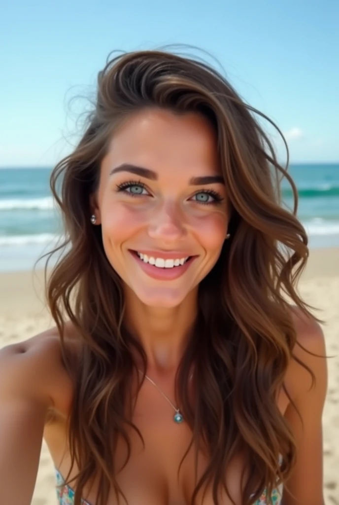 Photo d'une charmante demoiselle de 30 ans aux longs cheveux brun ondulés et yeux bleu. Elle a un grain de beauté sous l'œil droit.  Elle prend un selfi sur la plage devant la mer 