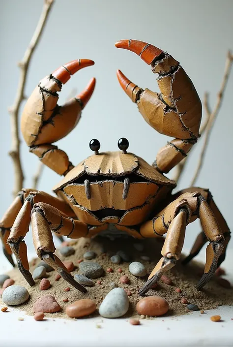 A crab formed by a cardboard collage,  stones, dry fabrics and branches