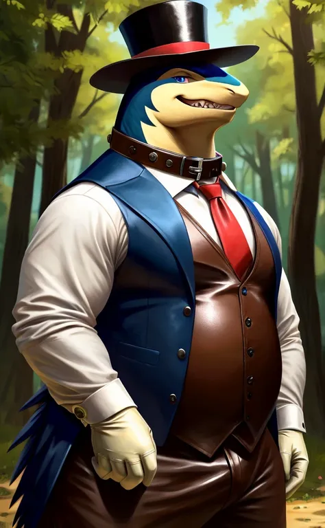 Solo, Male, close up, fat, musclegut, obese, steampunk, 1920s gentleman, dapper Typhlosion, tilting head down, blue eyes, wearing a big leather collar around his neck, (soft shading), 4k, hi res, ((detailed face, detailed)), looking at viewer, evil grin, c...