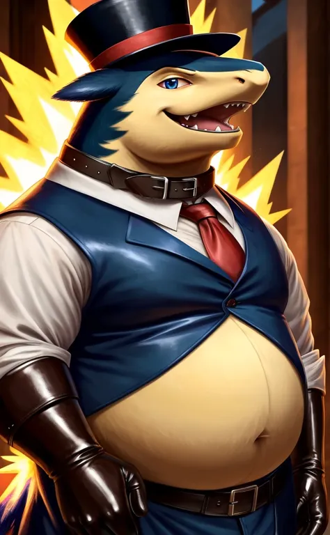 Solo, Male, close up, fat, musclegut, obese, steampunk, 1920s gentleman, dapper Typhlosion, tilting head down, blue eyes, wearing a big leather collar around his neck, (soft shading), 4k, hi res, ((detailed face, detailed)), looking at viewer, evil grin, c...