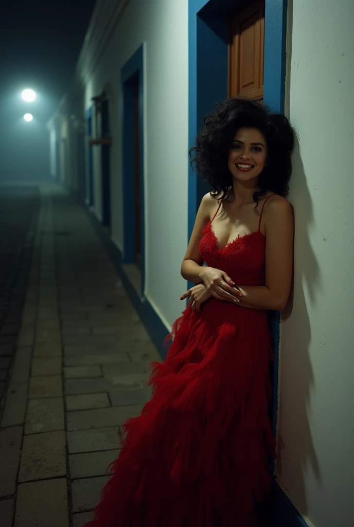 A haughty brunette woman,  black hair, bulky and frizzy, with an open smile, happy. It's leaning against the wall, next to a door of a Portuguese colonial-style house,  the door and door frame are painted in navy blue, The wall is white. Sidewalk and stree...