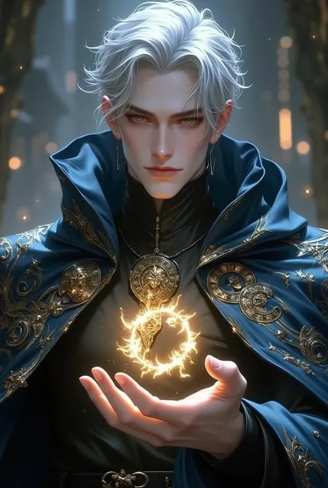 Appearance: A man of apparently 35 years old, with fair skin and silver hair that shines slightly, as if made of threads of pure mana. He wears a dark blue embroidered cloak but in a more modern tone, with golden runes that constantly rearrange themselves,...