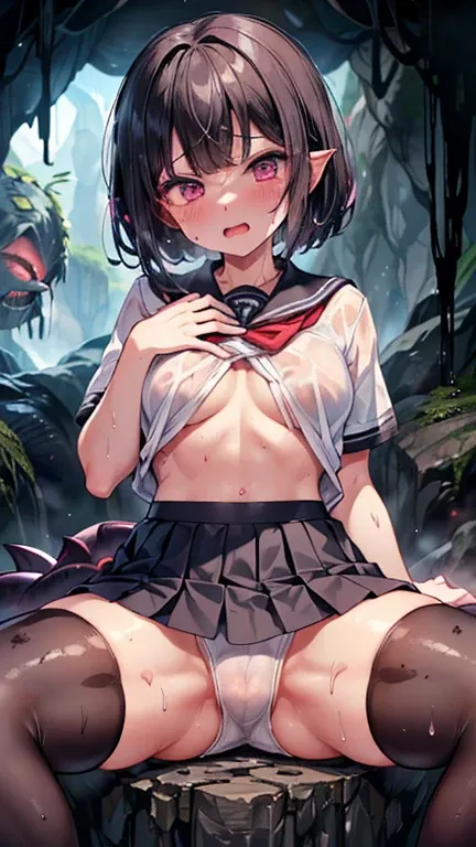     black hair   ,     Shortcut Hairstyles,(((hot, sweated,)), See-through clothing、((( alien world、Deep in the cave、Full of monsters))), (( ahegao、 squint)),   pink eye of a heart , (  drool ,   moans).((sweaty white underwear ))、saliva,   heavy breathing...