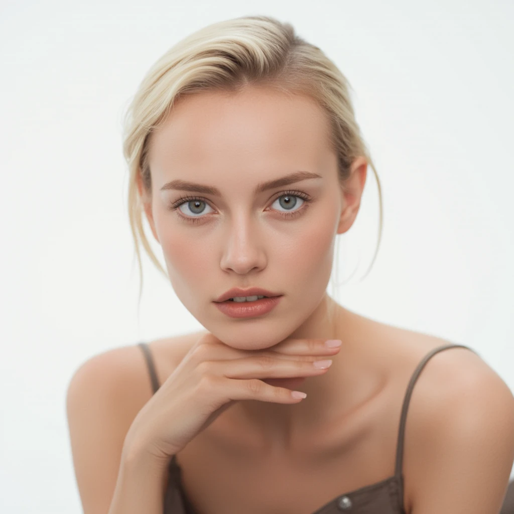 Slavic doll aesthetic. russian. feminine 90s model. sharp, angular features, beautiful slim face. young woman in her 20s. sharp features. blonde hair slicked back into a low bun. white background. facing and staring straight at camera.
