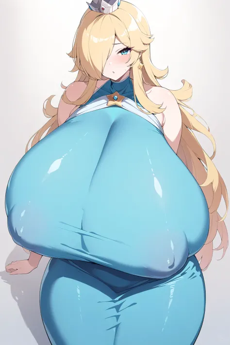 high resolutionx, high quality, high quality eyes, accurate, masterpiece, 1 girl, solo, cute, kawaii, tall female, gigantic breasts, gigantic breasts, curvy, wide hips, rosalina, blonde hair, long hair, hair over one eye, blue eyes, blue dress, dress, long...