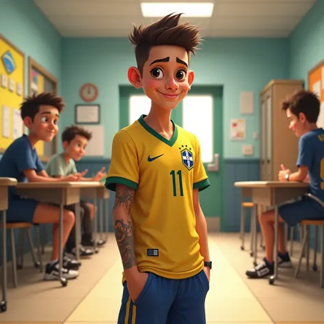 Neymar JR in a very realistic cartoon in the form of a boy at the institution Neymar JR jersey number 11