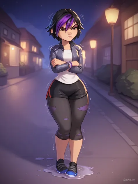 score_9, score_8_up, score_7_up, BREAK, gogotomago, 1girl, solo, short hair, black hair, brown eyes, wide hips, dark-gray jacket, lo purple hair,  shorts, bracelet, makeup, casual,  cropped jacket, leggings, sleeves pushed up, capri pants, black leggings, ...