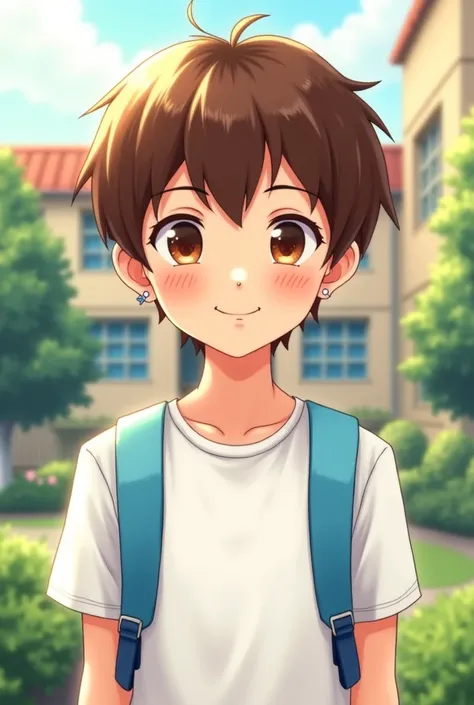 A beautiful, cute  boy appeared in front of the school with a sky blue pants backpack and white blouse with short sleeves,  brown hair earring, brown eyes ,  fair skin , Smiling schoolboy  