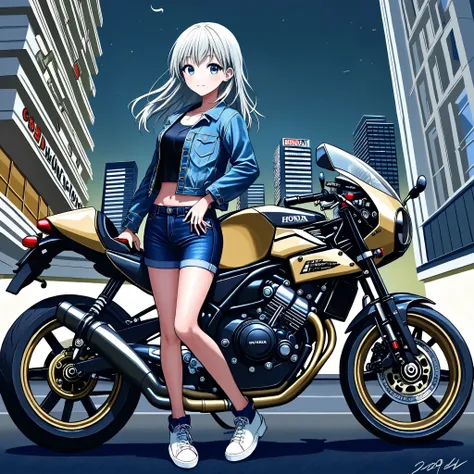 One cafe racer tuned motorcycle/CBX400F/One Girl Riding {/ Ouka-chan/}、 HONDA Racing Inline 4 Cylinder Engines 、 Titanium Frame 、Titanium full exhaust pipe 、 Magnesium Wheels 、Race Tires 、 racer separate handle、 racer back step 、 Competition Vehicles witho...